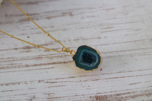 Green Geode Druzy Agate Crystal Gold Necklace