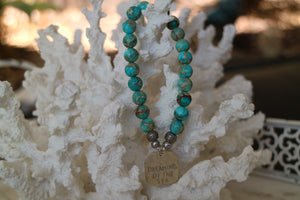 Blue Sea Sediment Jasper beaded bracelet with rustic silver 'dreaming of the sea' charm