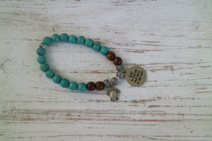 Turquoise and wood beaded bracelet with silver 'salt in the air and sand in my hair' and turtle charm