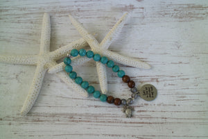 Turquoise and wood beaded bracelet with silver 'salt in the air and sand in my hair' and turtle charm