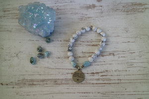 White howlite and Larimar nugget beaded bracelet with silver 'never let anyone dull your sparkle' charm