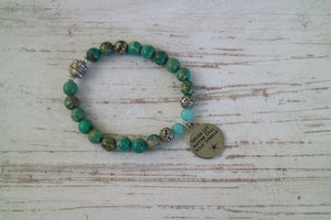 White shell beaded bracelet with Larimar nugget beads with silver 'salt in the air and sand in my hair' and turtle charm