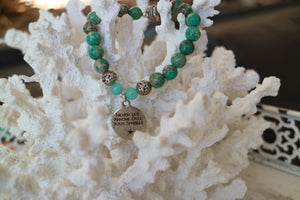 White shell beaded bracelet with Larimar nugget beads with silver 'salt in the air and sand in my hair' and turtle charm