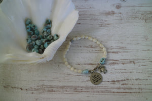 White shell beaded bracelet with Larimar nugget beads with silver 'salt in the air and sand in my hair' and turtle charm