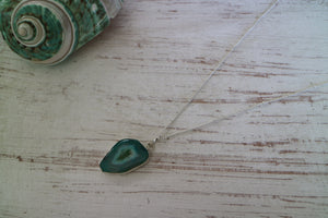 Green Agate Geode Crystal Silver Necklace