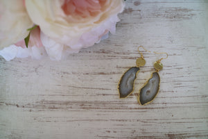 White goede druzy agate earrings with gold plated edges, and 24k gold plated charms