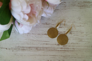 Gold trimmed cowrie shell earrings with raw brass charms