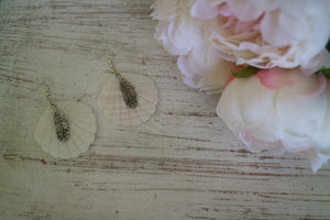 White Mother of Pearl Shell silver earrings with silver bohemian feather charms