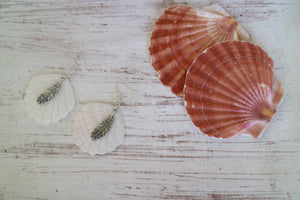 White Mother of Pearl Shell silver earrings with silver bohemian feather charms