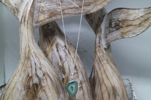 Green Agate Geode Crystal Silver Necklace