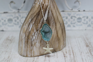 Blue Geode Druzy Agate Silver Necklace with Starfish Charm
