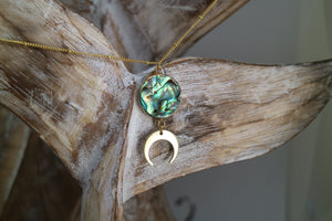 Paua Shell Gold Necklace with Moon Charm