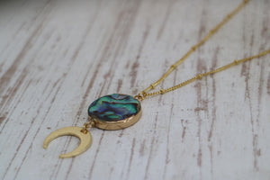 Paua Shell Gold Necklace with Moon Charm
