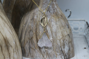 Amethyst Crystal Gold Necklace with Gold Shell Connector