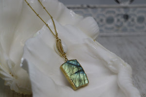 Labradorite Gemstone Gold Necklace with Cowrie Shell Connector