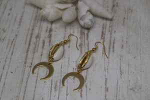 White cowrie sea shell gold earrings with gold plated moon charms