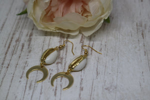 White cowrie sea shell gold earrings with gold plated moon charms