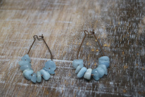 Aquamarine gemstone chips earrings on antique copper hoops