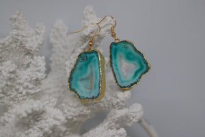 Green geode druzy agate earrings on gold earring hooks