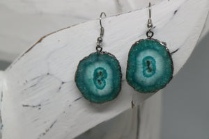Green solar quartz crystal earrings with black electroplated edges and silver stainless steel earring hooks