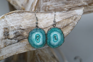 Green solar quartz crystal earrings with black electroplated edges and silver stainless steel earring hooks