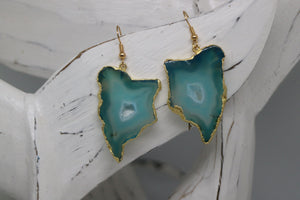 Green geode druzy agate gold earrings