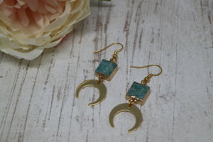 Amazonite gemstone gold earrings with 24k gold plated moon charms