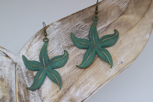 Bronze green patina starfish earrings