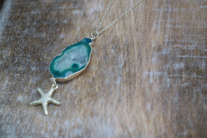 Green Geode Druzy Agate Crystal Silver Necklace with Starfish Charm