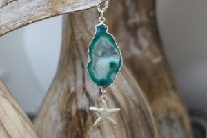 Green Geode Druzy Agate Crystal Silver Necklace with Starfish Charm