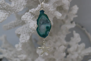 Green Geode Druzy Agate Crystal Silver Necklace with Starfish Charm
