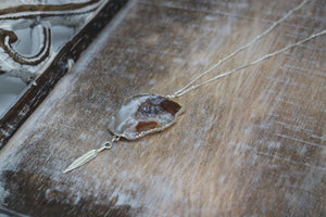 Druzy Agate Silver Necklace with Feather Charm