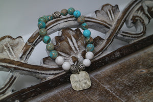 Blue Sea Sediment Jasper and white howlite gemstone beaded bracelet with rustic silver 'dreaming of the sea' charm
