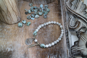 White Howlite beaded bracelet with Larimar nugget beads and a silver 'mermaid soul' and boho feather charm