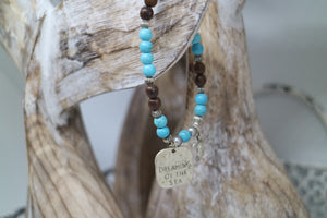 Blue howlite gemstone and wood beaded bracelet with silver rustic 'dreaming of the sea' and turtle charms