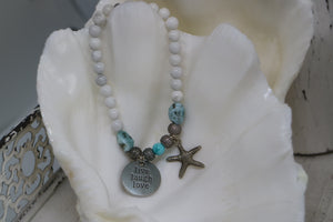 White Howlite and Larimar nugget beaded bracelet with silver 'live laugh love' and starfish charm