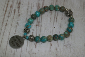 Blue Sea Sediment Jasper beaded bracelet with silver 'the beach is my happy place' charm