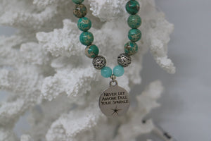 White shell beaded bracelet with Larimar nugget beads with silver 'salt in the air and sand in my hair' and turtle charm