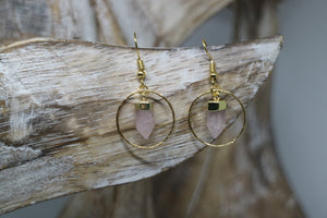 Rose quartz point gold earrings