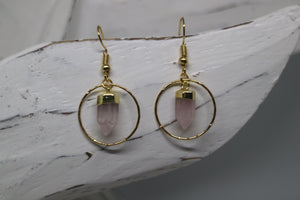 Rose quartz point gold earrings