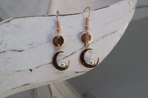 Rose gold pearl earrings with moon charms