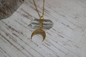 Clear Quartz Crystal Gold Necklace with Gold Moon Charm