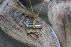 Clear Quartz Crystal Gold Necklace with Gold Moon Charm