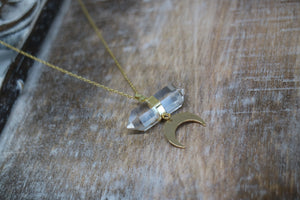 Clear Quartz Crystal Gold Necklace with Gold Moon Charm