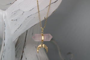 Rose Quartz Crystal Gold Necklace with Gold Moon Charm