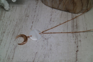 Mother of Pearl Shell Rose Gold Necklace with Rose Gold Moon Charm
