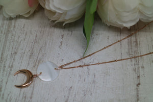 Mother of Pearl Shell Rose Gold Necklace with Rose Gold Moon Charm