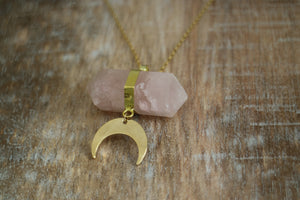 Rose Quartz Crystal Gold Necklace with Gold Moon Charm