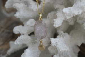 White Geode Druzy Agate Crystal Gold Necklace with Shell Charm