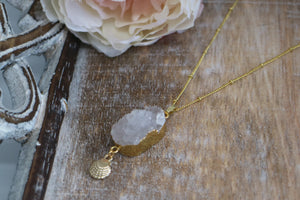 White Geode Druzy Agate Crystal Gold Necklace with Shell Charm